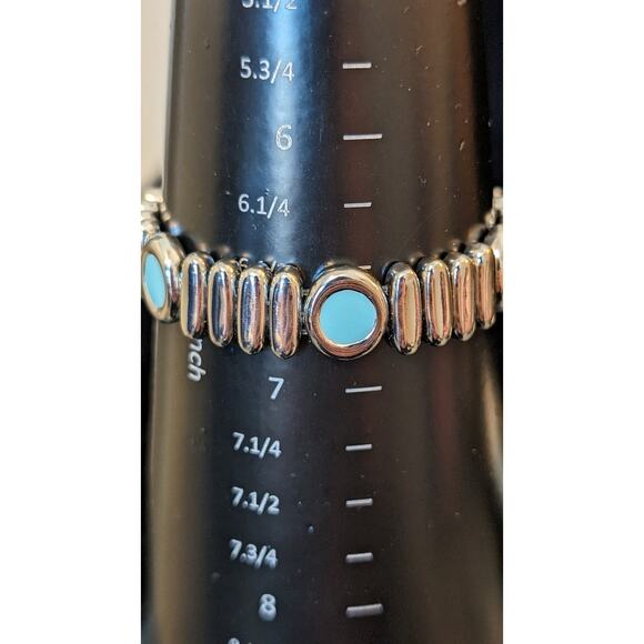 Silver Tone Long Bead Stretch Round Turquoise Enamel Bead Bracelet - Picture 2 of 4